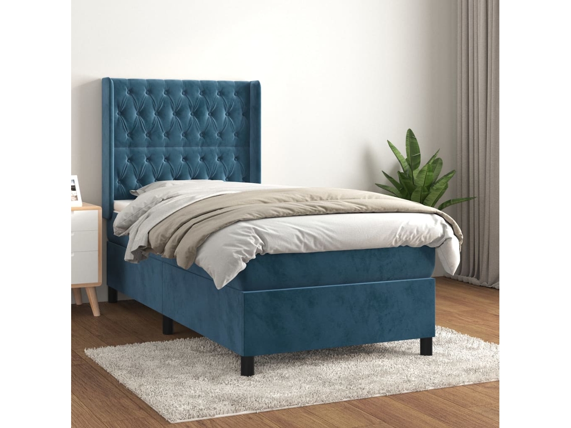 Cama Box Spring Con Colchón Terciopelo Azul Oscuro 80x200 Cm