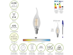 Bombilla led filamento vela llama e14. 4,5 watt. equivale a 35 watt. 470 lumenes. luz neutra 4000  k.
