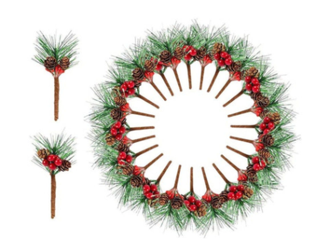 Encantadores Palitos De Piña Con Bayas Rojas, Decoración De Corona Navideña Con Pequeñas Piñas, Ramas Artificiales De Hoja Perenne Para Púas Florales