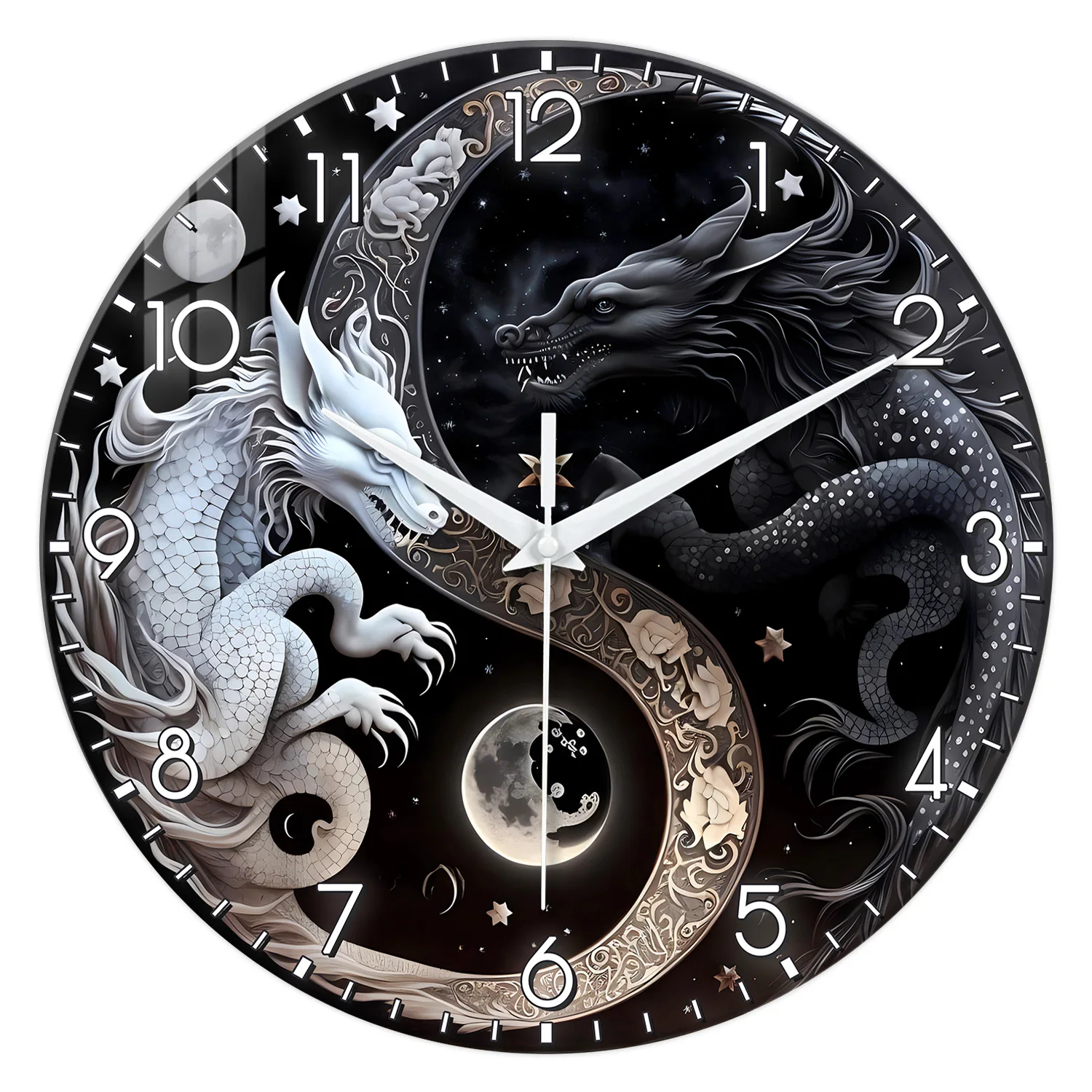 (14 Pulgadas) Un Reloj De Pared De Vidrio, Con Un Diseño De Dragón Blanco Y Negro De La Mitología Oriental, Un Reloj Doméstico Silencioso.