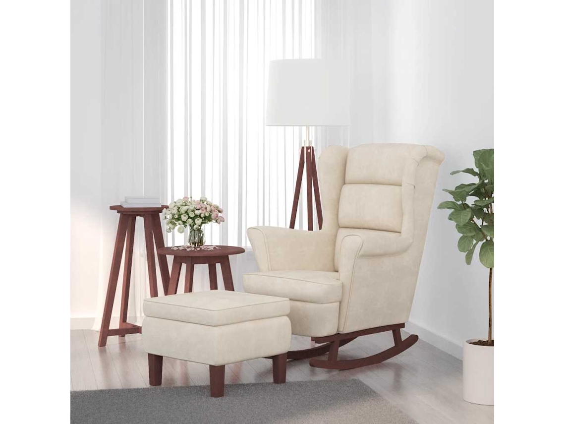 Sillón Mecedora Patas Madera Y Taburete Terciopelo Color Crema