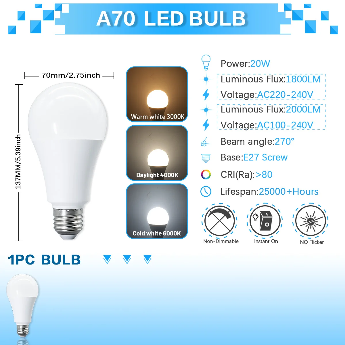 (1 Pc, Luz Blanca Fría 6000k) A70 Bombilla Led, Sin Estroboscópio, Índice De Reproducción De Color Cri80+, Adecuado Para Dormitorio, Vestíbulo, Etc.