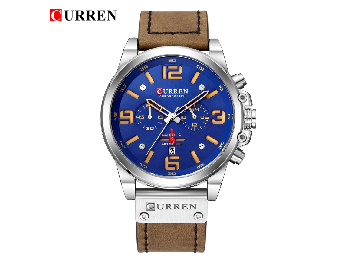Reloj De Pulsera De Cuero Para Hombre (azul Caqui), Resistente Al Agua, Con Calendario Y Movimiento De Cuarzo Multifuncional De Seis Manecillas.