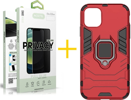 Kit Carcasa y Protector Cristal 1X Privacy Iphone 12 Mini Accetel Anti Choque Rojo