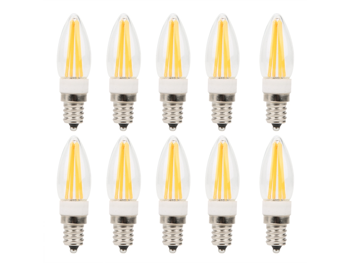 10 Bombillas Led E12 De Filamento Largo De 3w Y 110v, Luz Blanca Cálida Para Lámparas De Techo.