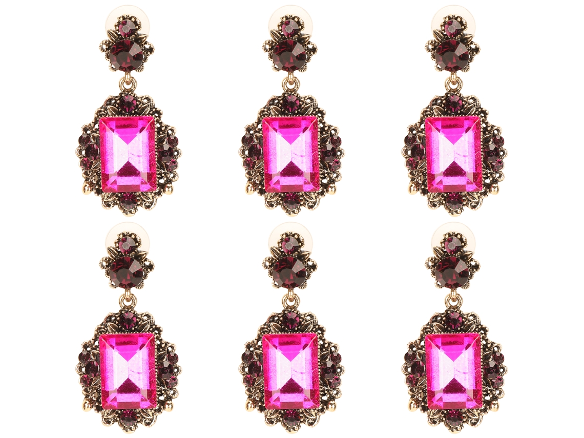 3 Pares De Pendientes Colgantes De Aleación Retro Con Esmeraldas Y Diamantes, Joyería De Moda En Rojo Y Rosa.