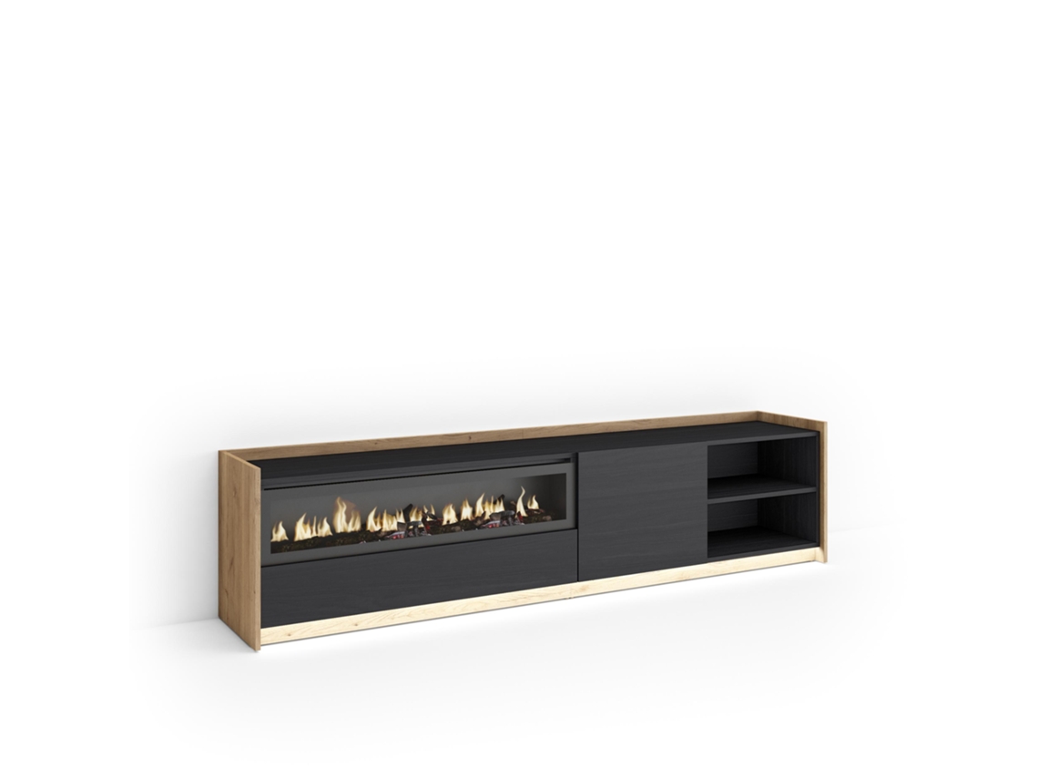 Mueble Tv, Televisión, 207x37x50cm, Para Tv Hasta 80", Chimenea Eléctrica, Led, Negro Y Roble