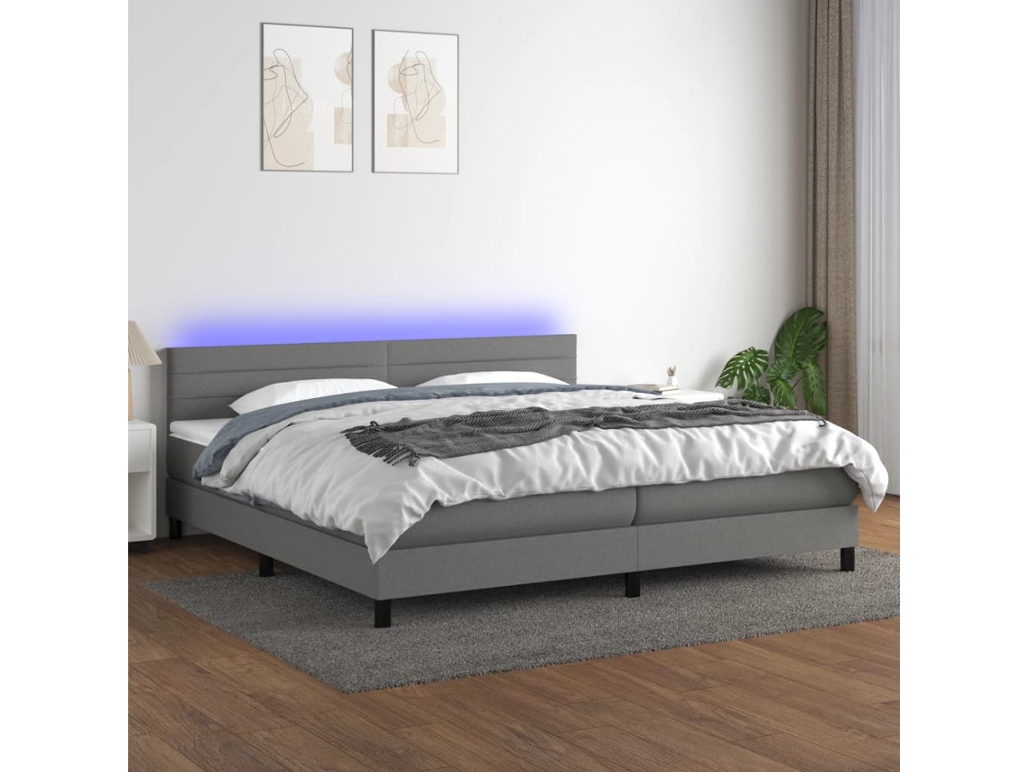 Cama Box Spring Colchón Y Luces Led Tela Gris Claro 200x200 Cm