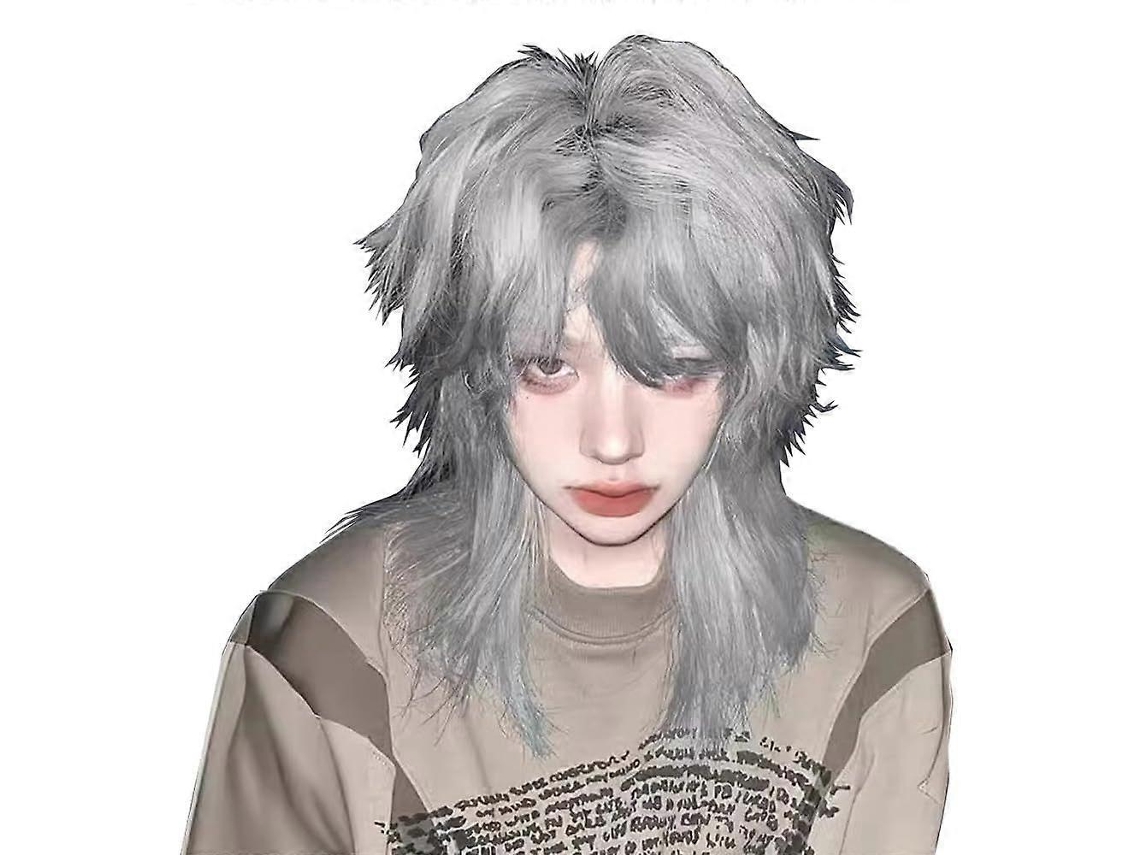 Peluca corta estilo mullet gris plata para hombre, con flequillo, estilo Rosewell High Jellyfish Head.