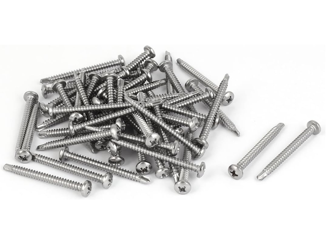 Paquete de 50 tornillos autorroscantes CHABERLU M4.2x45mm de acero inoxidable 410 con cabeza Phillips.