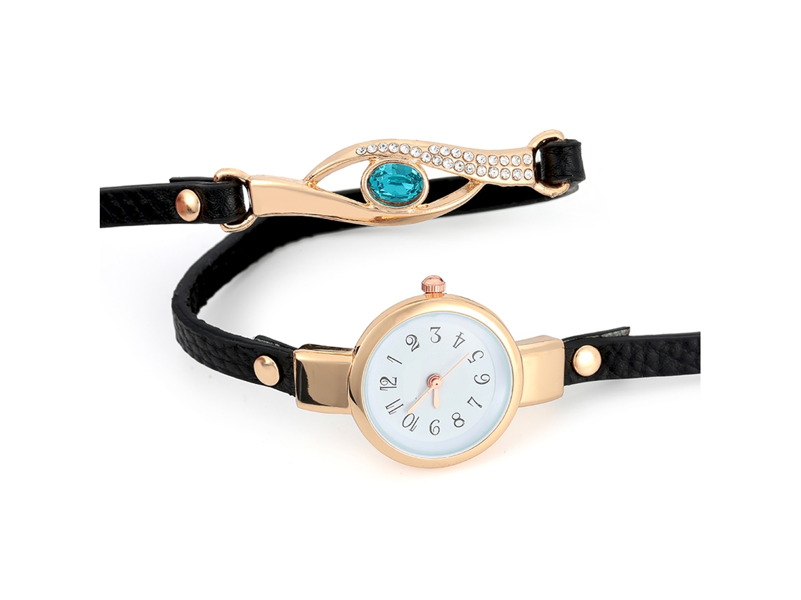 Reloj De Pulsera De Cuarzo Para Mujer Con Cristales Y Correa Ajustable De Pu Negra.