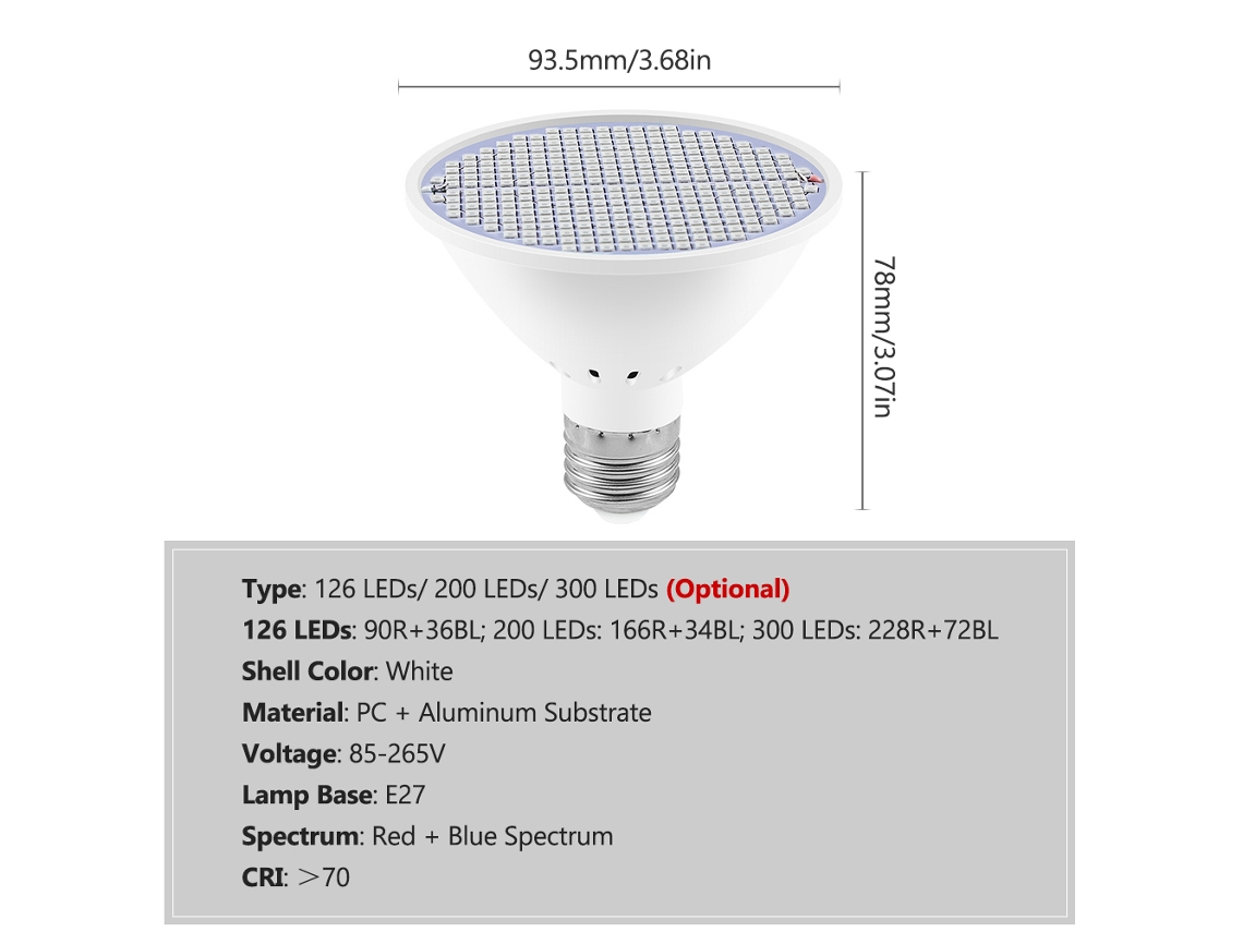 Lâmpada LED de crescimento E27, 300 LEDs, espectro vermelho e azul para plantas internas S/MARCA