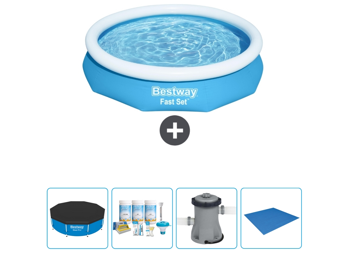 Piscina Hinchable Redonda Fast Set BESTWAY - 305 x 66 cm - Azul - Incluida Cubrir - Paquete de mantenimiento - Bomba - Suelo
