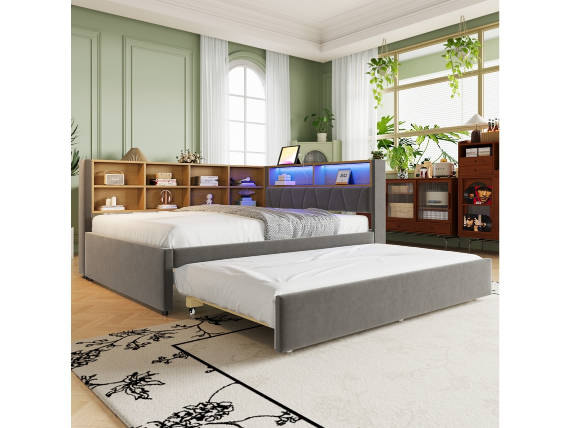 Sofá Cama 140x200, Cama Extraíble 90x190, Equipada Con Luces Led, Cama Tapizada, Cama Individual, Gris Oscuro.