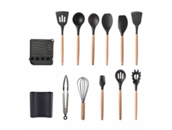 Juego De 13 Utensilios De Cocina De Silicona Antiadherente Con Mangos De Madera Resistentes Al Calor.