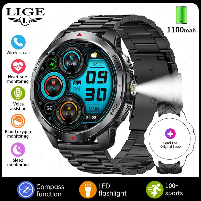 Reloj inteligente (negro, correa de acero) con pantalla de 1,7 pulgadas, llamadas Bluetooth, asistente de voz, resistencia al agua de 3 ATM y batería de 1100 mAh.
