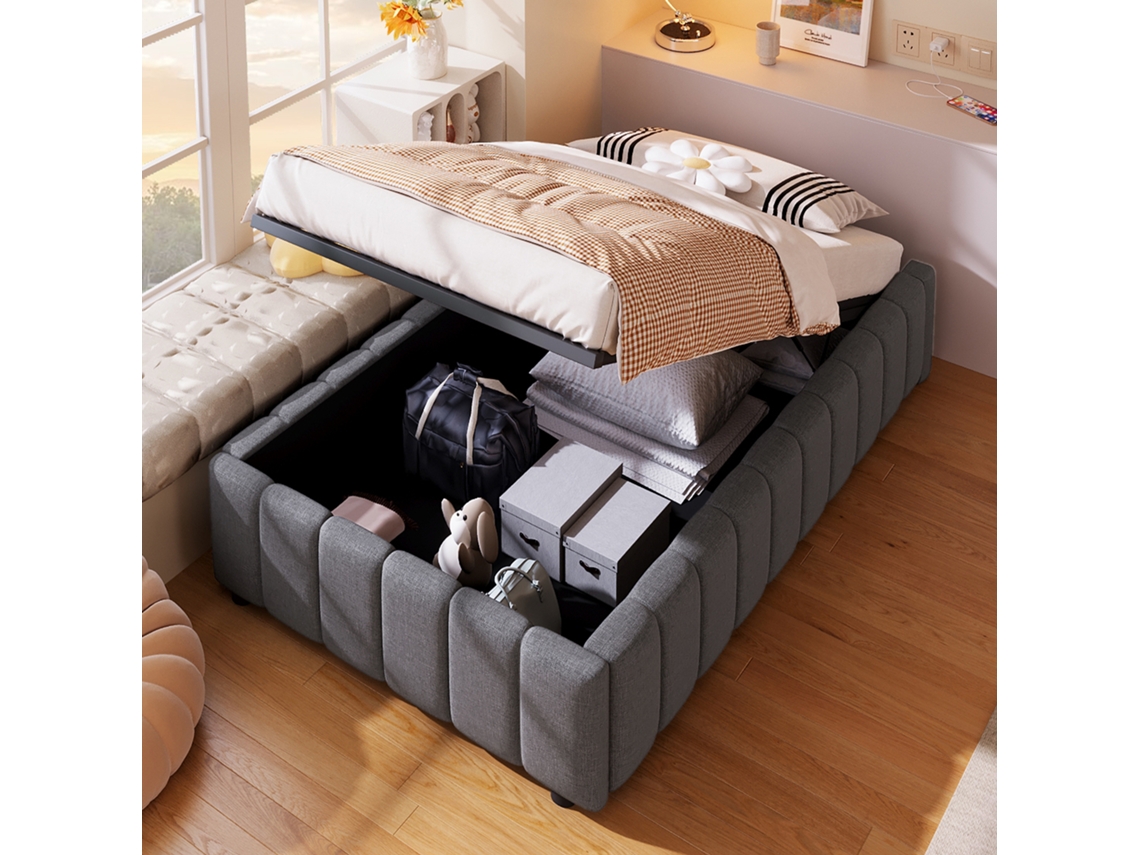 Cama Hidráulica Gris De 90x200 Sin Cabecero, Minimalista.