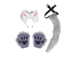 Conjunto Rebe com orelhas, patas e cauda de pelúcia imitando pele de lobo, ideal para cosplay, carnaval e festas. Cinza escuro.