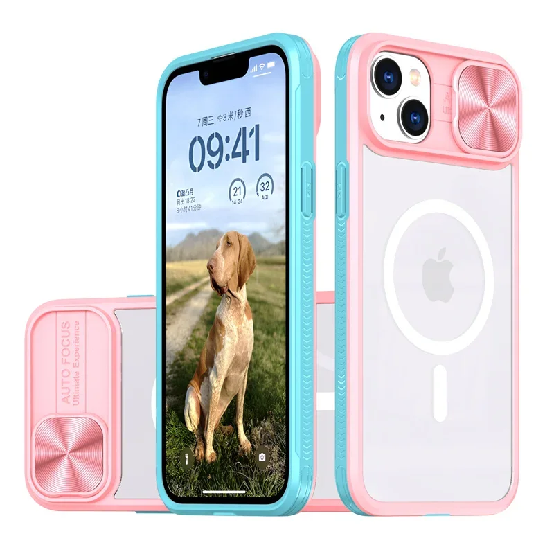(iphone 14 Pro, Rosa) Funda Protectora Magnética Magsafe Con Carga Inalámbrica Y Cubierta Deslizante De Acrílico Para La Lente.