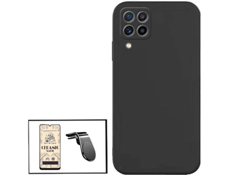 Kit Cristal Templado CeramicGlass Full Cover, Funda Silicona y Soporte Magnético L Safe Driving Coche Samsung Galaxy M22 PHONECARE Negro