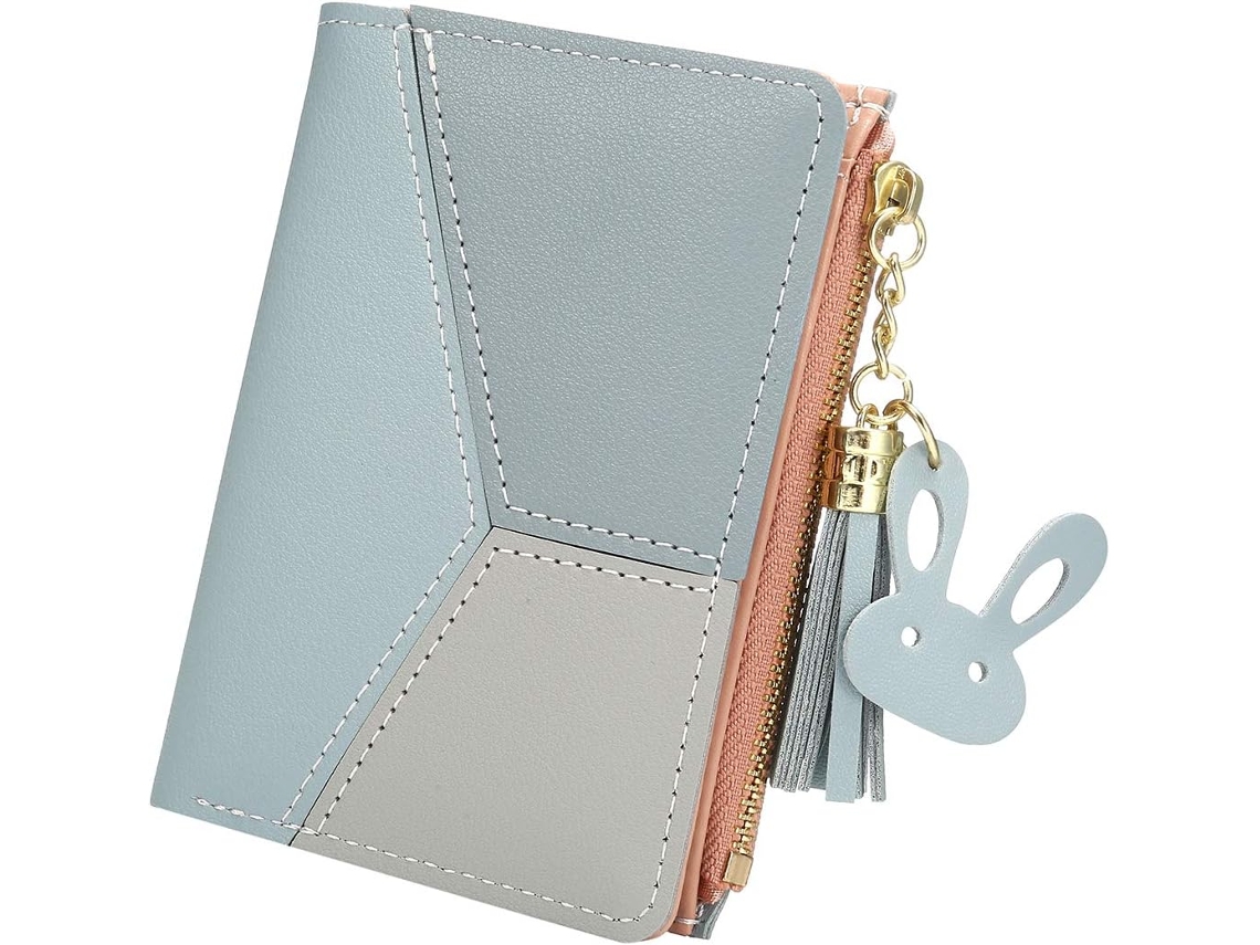 Cartera Corta Con Colgante De Corazón Metálico - Monedero Y Tarjetero Slim En Cuero Pu - Azul