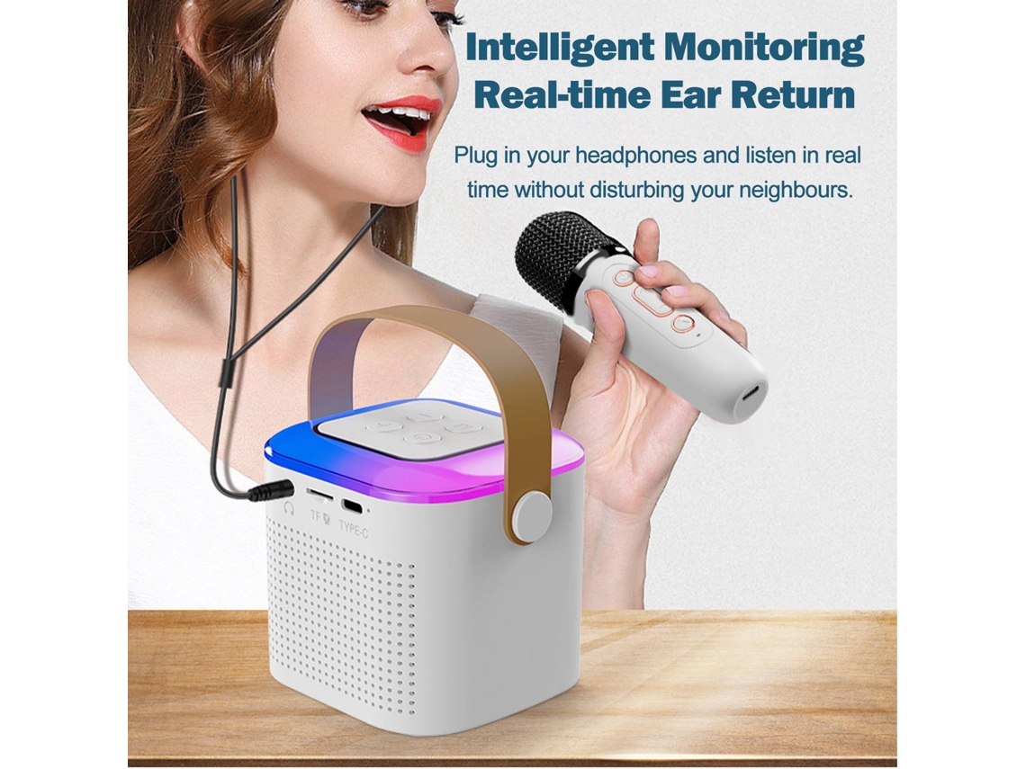 Máquina De Karaoke Portátil Con Micrófono Inalámbrico Para Adultos Y Niños, Colores Blanco/rosa Luz Dourada