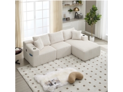 Sofá Modular 3 Plazas - Con Chaiselongue, 5 Cojines, Bolsillos Laterales - Beige