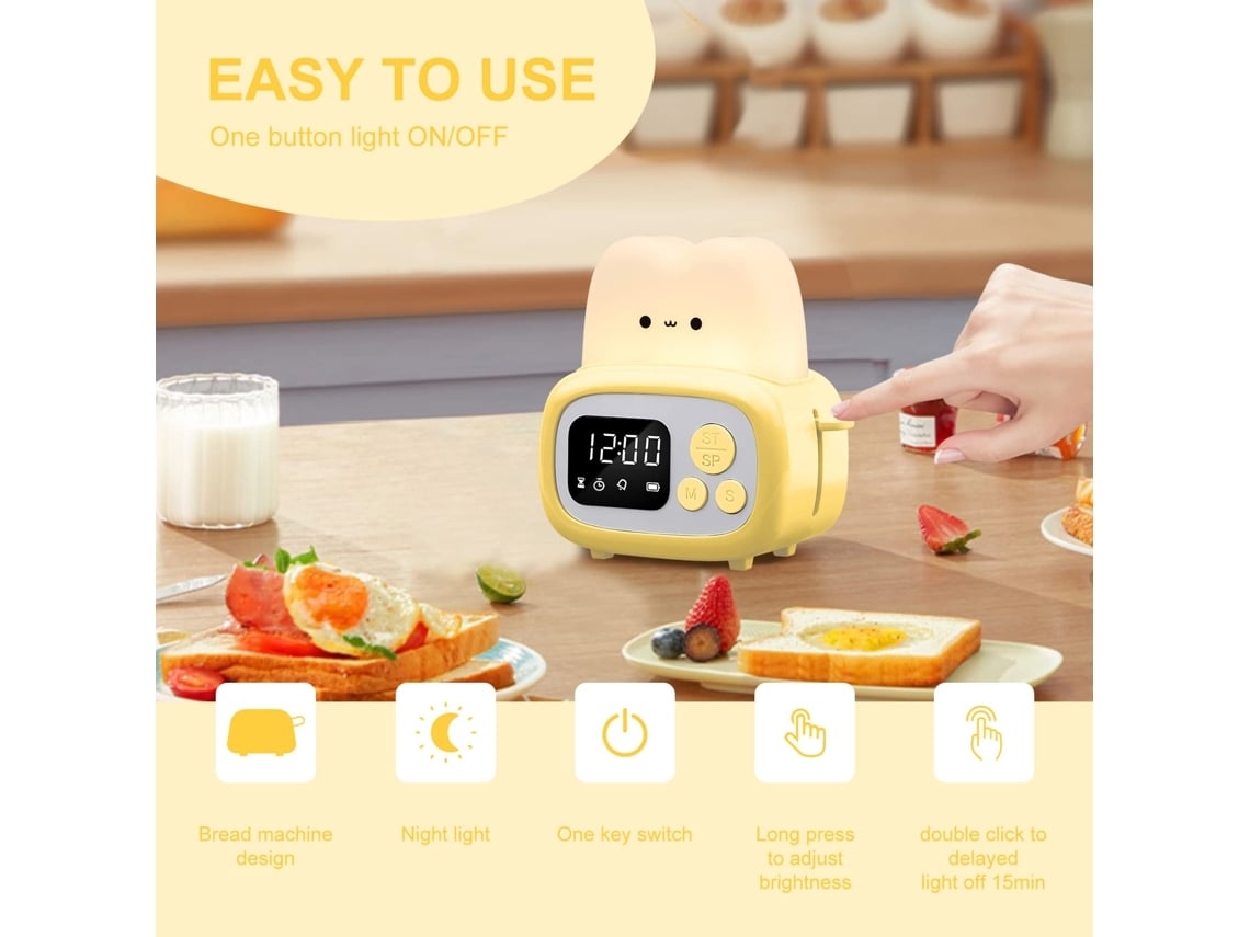 Lindo temporizador con reloj y luz nocturna. Mini lámpara en forma de tostadora con despertador LED y temporizador para niños y adultos. Facpoet