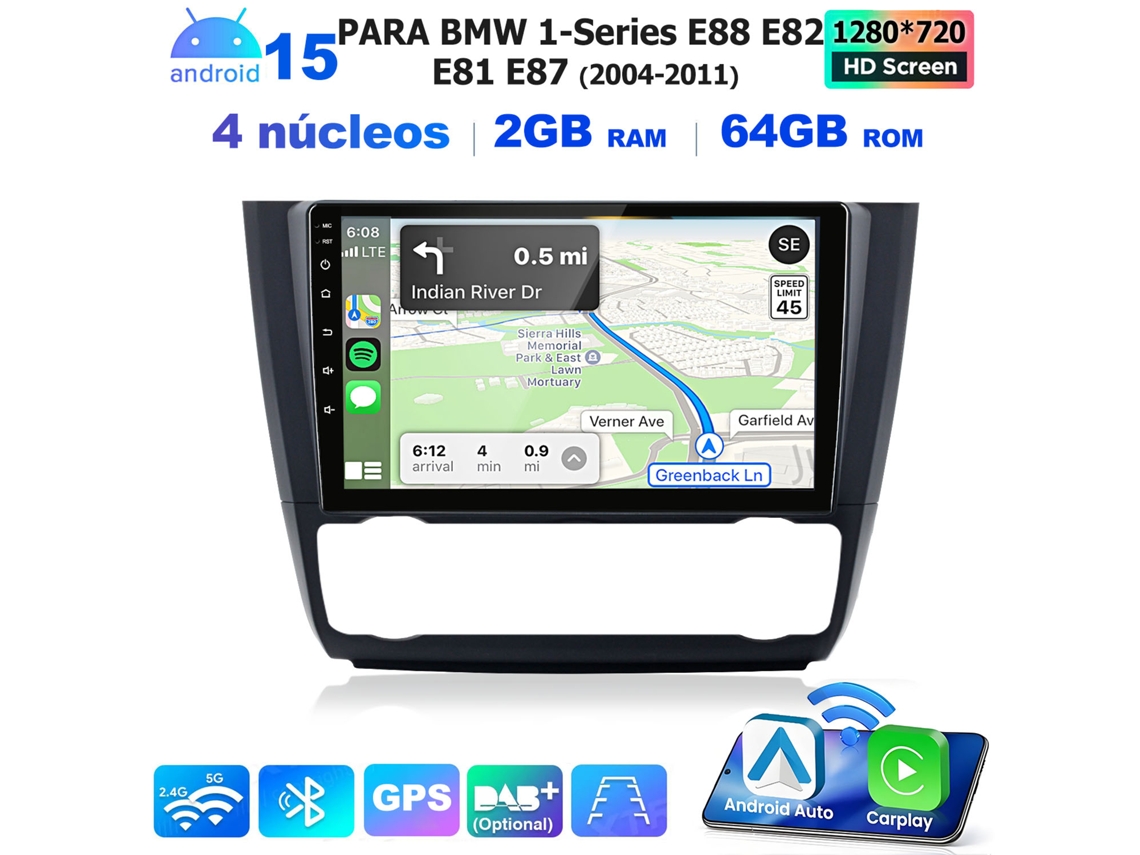 Radio Inalámbrica Con Carplay De 9" Para Bmw Serie 1 (e81, E82, E87, E88) 2004-2011 — 2 Gb + 64 Gb, Android Auto, Wifi, Gps, Quad-core