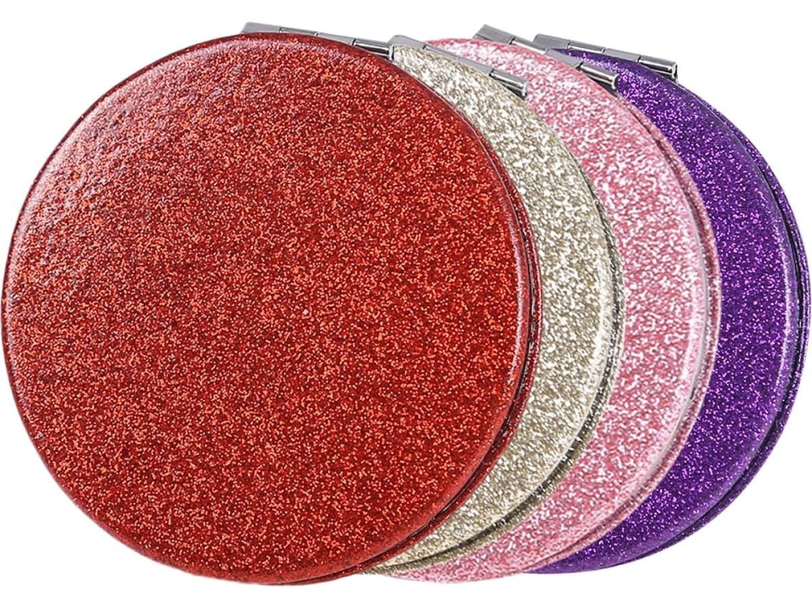 Conjunto De 4 Espelhos De Bolso Redondos Dobráveis Em Couro Pu Com Glitter, Espelho De Dupla Face.
