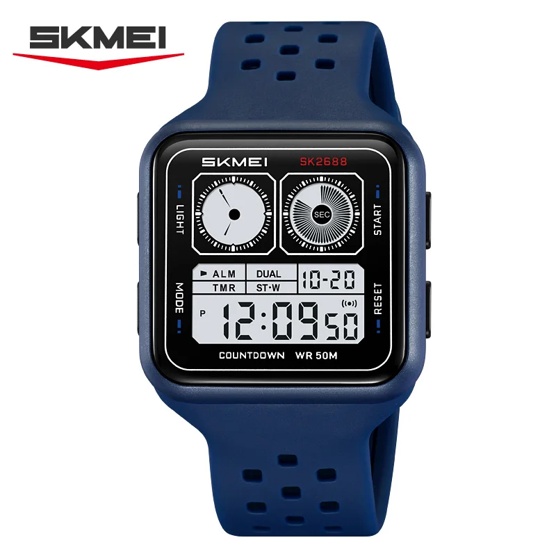 Reloj Electrónico (azul) Con Caja Cuadrada, Correa De Silicona, Resistente Al Agua, Reloj Deportivo Multifuncional Para Hombre.
