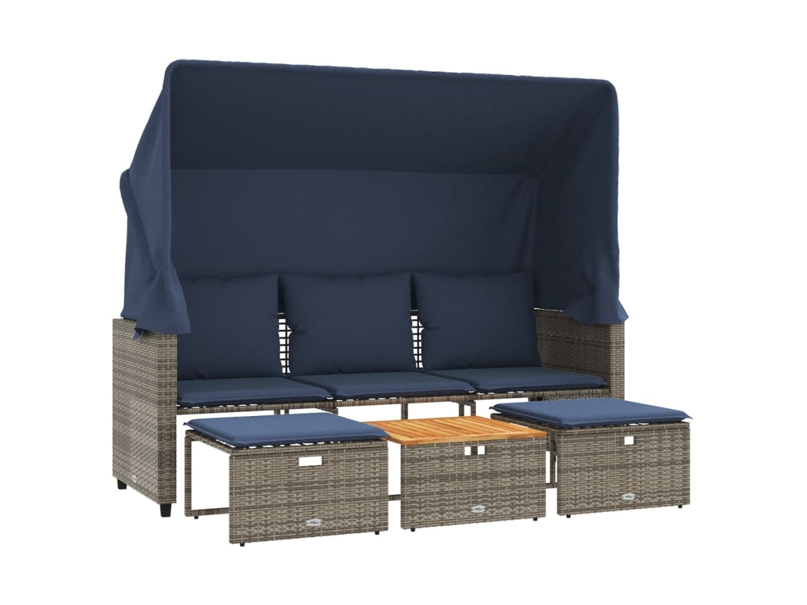 Maison Exclusive - Sofá De Jardín De 3 Plazas Con Dosel Y Taburetes, Poliratán Gris