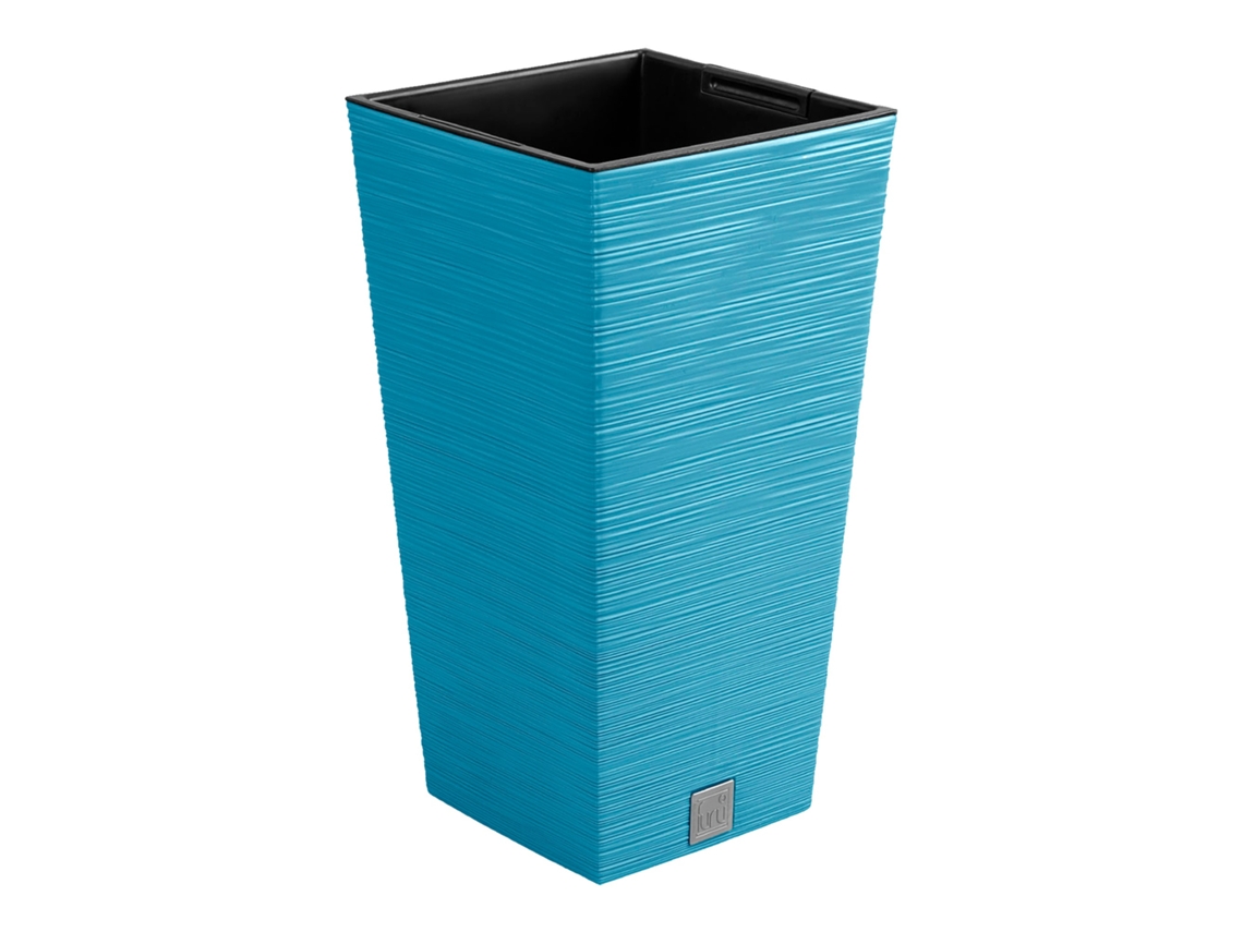 Maceta azul con depósito, 26,5 x 26,5 x 50 cm, capacidad de 11 litros.