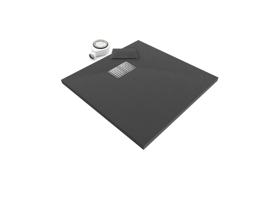 Plato De Ducha 90 X 90 Cm Boreal Negro Ral7021 Resina Smc Extraplano 26 Mm, Gripstone, Textura Pizarra, Válvula Y Rejilla En Inox, Moments Of Glass