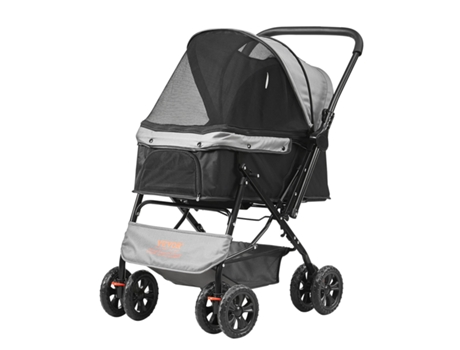 VEVOR Carrito Giratorio 4 Ruedas para Perros con Freno, Peso 44 Libras, con Asa Reversible, Cesto de Almacenamiento y Cremallera, Negro y Gris