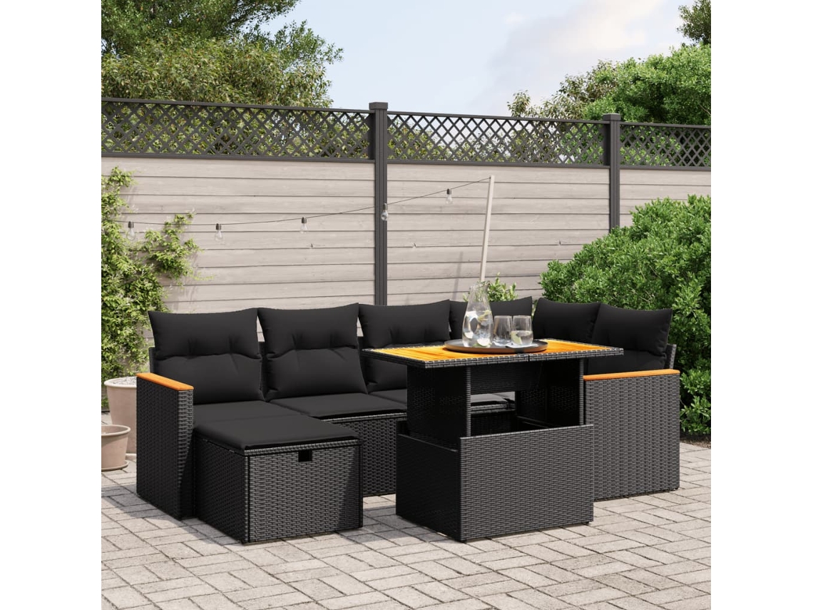 Conjunto de sofá de jardín de 7 piezas con cojines, ratán negro, Dkd Home Decor
