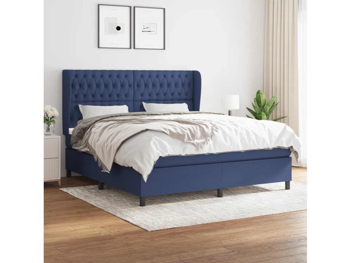 Cama Box Spring Con Colchón Tela Azul 180x200 Cm