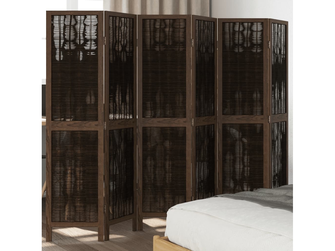 Separador de ambientes | Biombo de privacidad con 6 paneles, madera maciza de paulownia marrón oscuro.