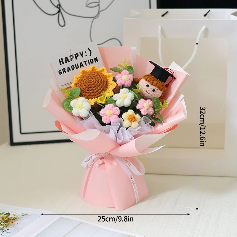 Flores Tejidas A Mano, Regalo De Graduación, Flor De Ganchillo, Ramo Tejido A Mano Terminado