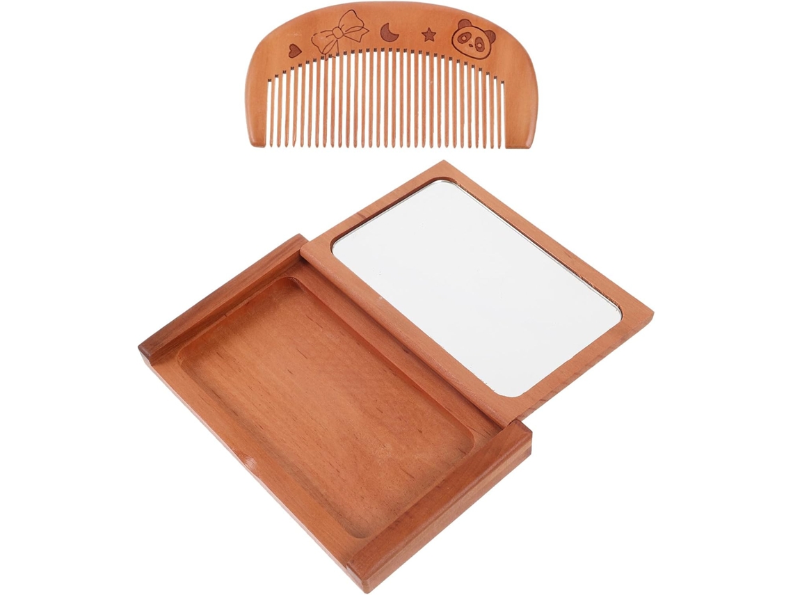 Miroir Pliable Compacto En Bois De Pêcher Con Peigne Intégré Petit Rectangulaire Portátil De Poch...