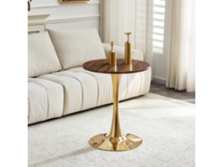 Mesa Redonda 60 Cm De Mdf, Efecto Madera Nogal, Base Dorada, Mesa Auxiliar O De Comedor