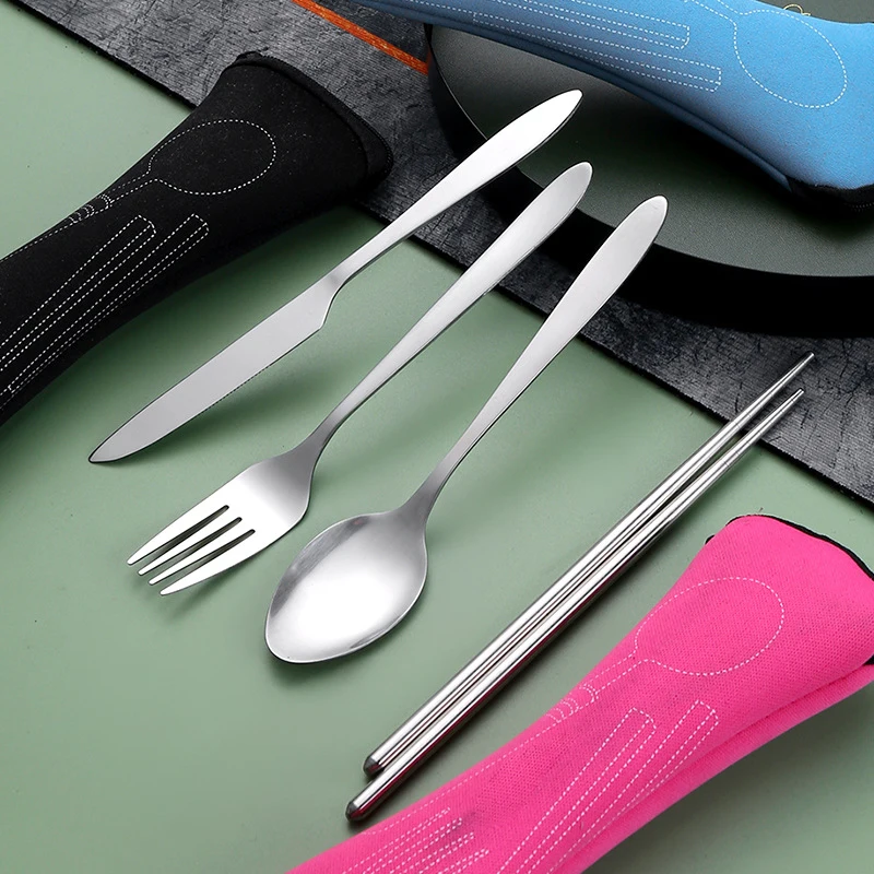 Juego De Cubiertos De Acero Inoxidable (4 Piezas, Color Rosa), Que Incluye Cuchillo, Tenedor, Cuchara Y Palillos.