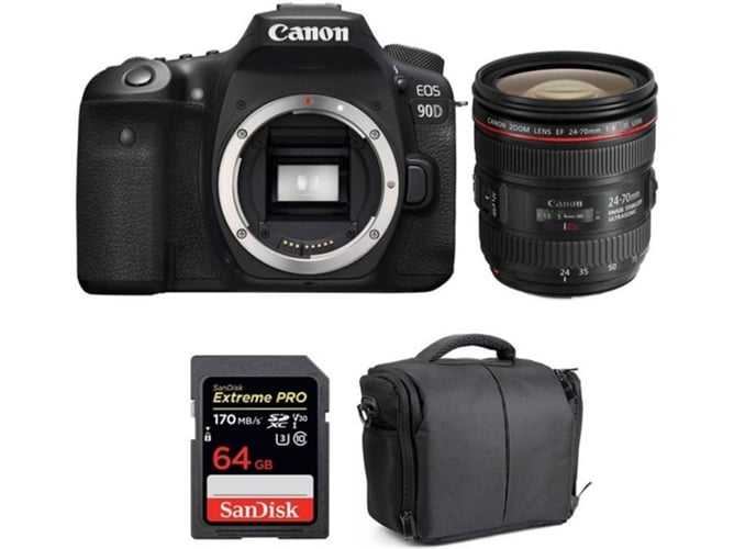 Kit Cámara Réflex CANON EOS 90D + EF 24-70mm f/4L IS USM + SanDisk 64GB + Bolsa