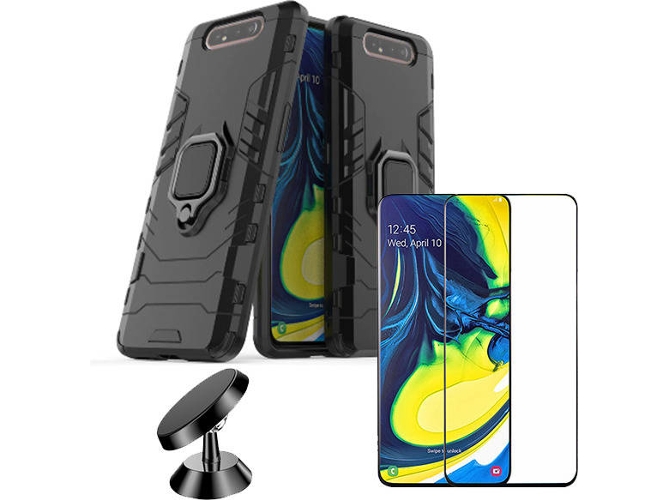 Kit Carcasa, Protector de Cristal 5D y Soporte Magnetico Auto Samsung Galaxy A80 Military Defender Negro