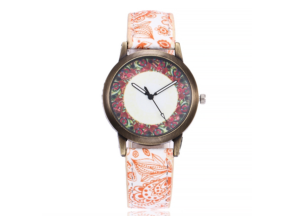 Reloj De Pulsera Vansvar Para Mujer, Estilo Étnico, Piel Sintética Estampada, Movimiento De Cuarzo, Color Naranja.