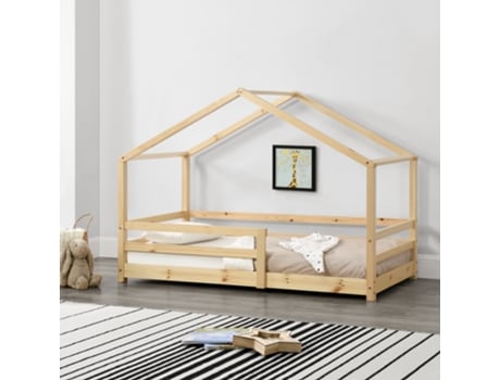 Cama Para Niños 90 x 200 cm infantil con somier estructura de madera pino en diseño casa reja seguridad 90x200