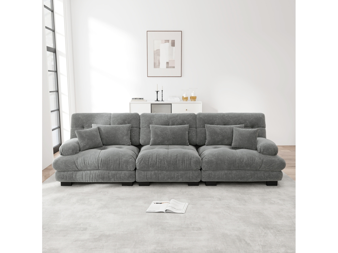 Sofá cama modular de 3 plazas con asiento profundo y tapizado de chenilla para sala, apartamento, oficina o estudio - Muebles grises