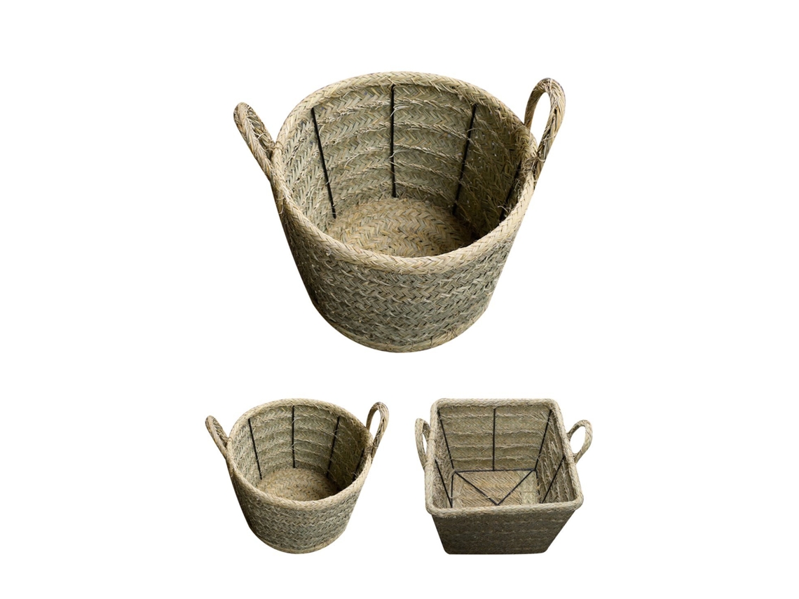 Cesta De Esparto Artesanal Con Asas Y Estructura Metálica - Diseño Redondo Y Cuadrado Redondo Mediano
