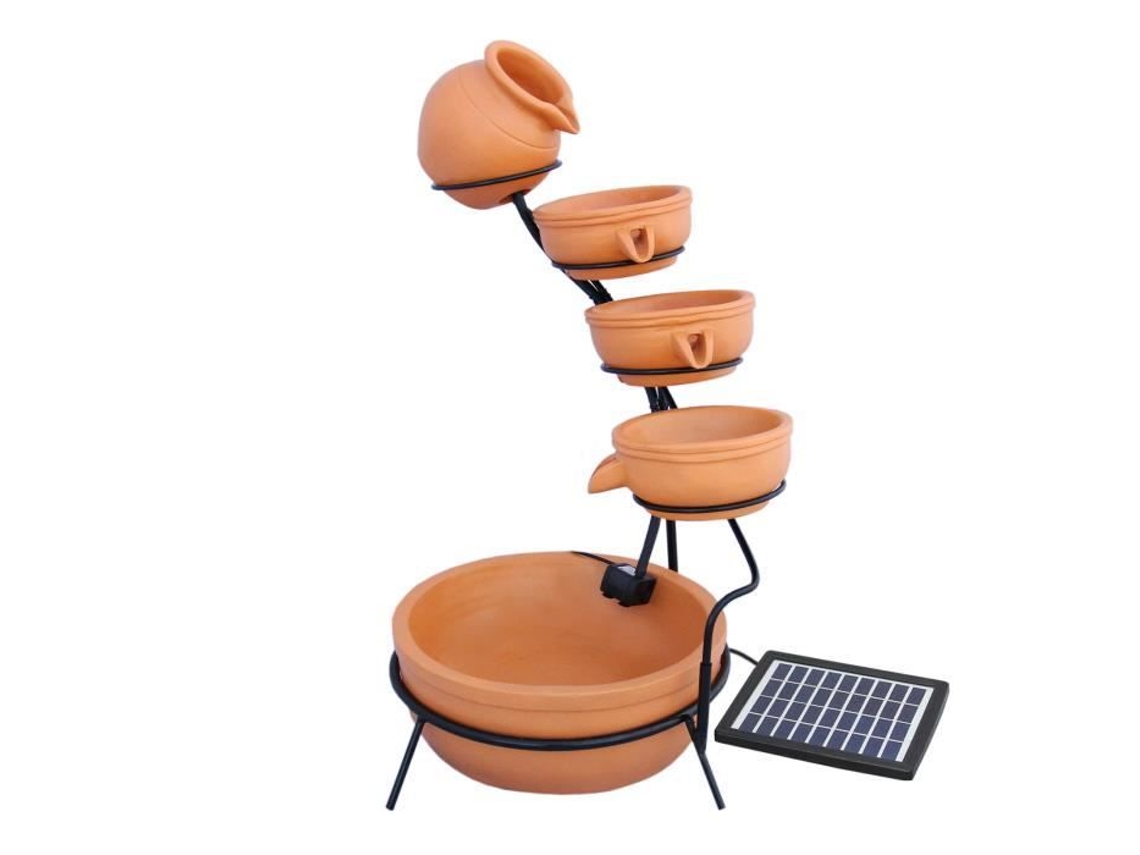 Fuente de jardín alimentada por energía solar, adorno para jardín, decoración para exteriores, patio, esfera de terracota de resina de 4 niveles