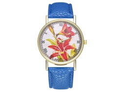 Reloj De Pulsera De Moda Para Mujer Con Correa De Pu Y Estampado Floral Azul Marino.